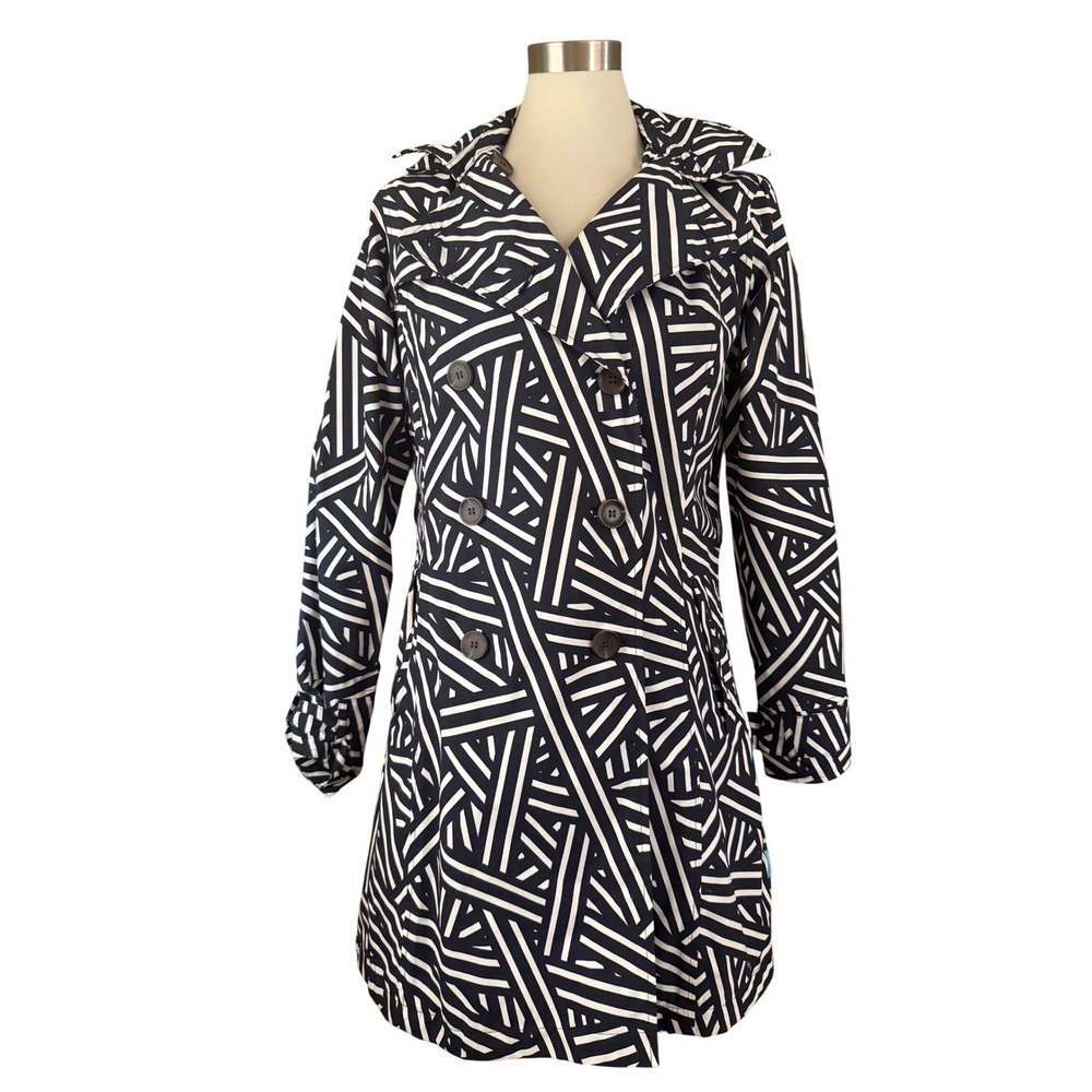 Happy Rainy Days Trench Coat M Black White Geometric Waterproof Jacket No Belt